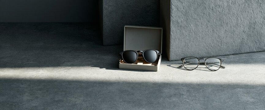 Sunglasses and eyeglasses on concrete surface
