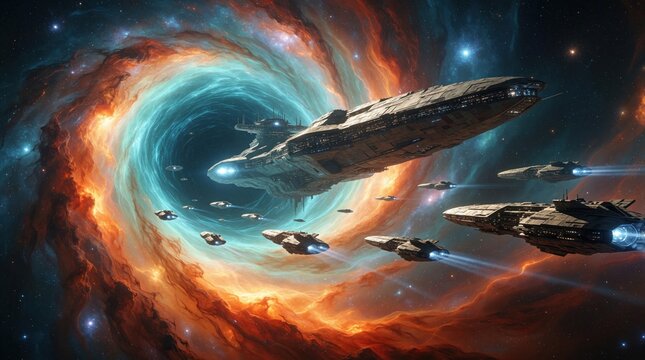 Spaceships fly towards glowing cosmic anomaly. Fleet travels through starry void near nebulae. Futuristic vessels approach wormhole. Advanced craft navigate deep space.