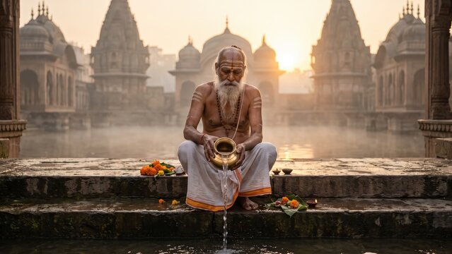 Hindu Priest Performing Puja &ndash; Dawn Ritual at Radha Kund