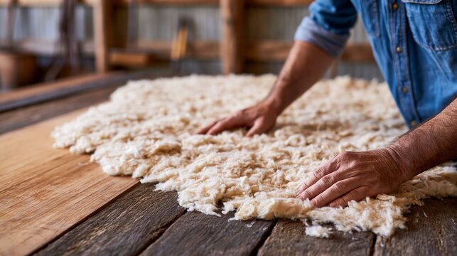 Man handling raw wool on wooden table