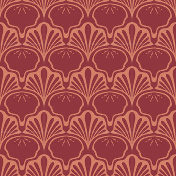 Seamless art deco pattern with elegant geometric fan and floral motifs in warm burgundy