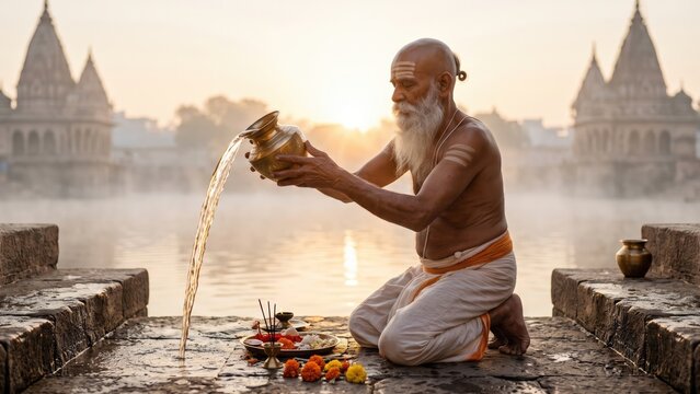 Hindu Priest Performing Puja &ndash; Dawn Ritual at Radha Kund