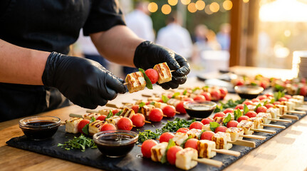 Obraz premium Female chef placing grilled halloumi and watermelon skewers on slate tray