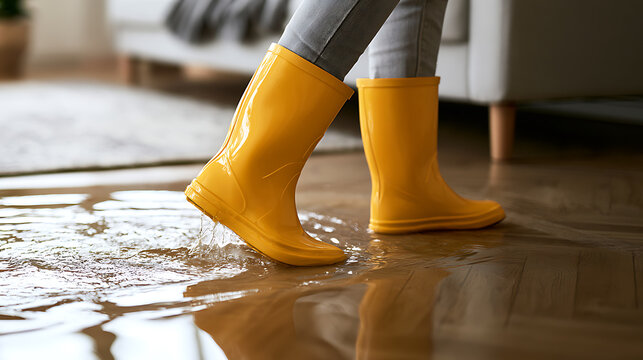 Person wear bright yellow rubber boot stand in indoor water puddle on wood floor at home during heavy rain storm or house pipe leak incident