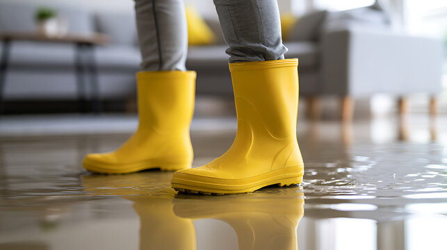 Person wear bright yellow rubber boot stand in indoor room floor surface water leak damage disaster emergency rescue insurance claim service