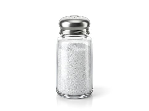Close-up studio shot of a transparent glass salt shaker filled with white granulated salt and a metallic lid against a white background