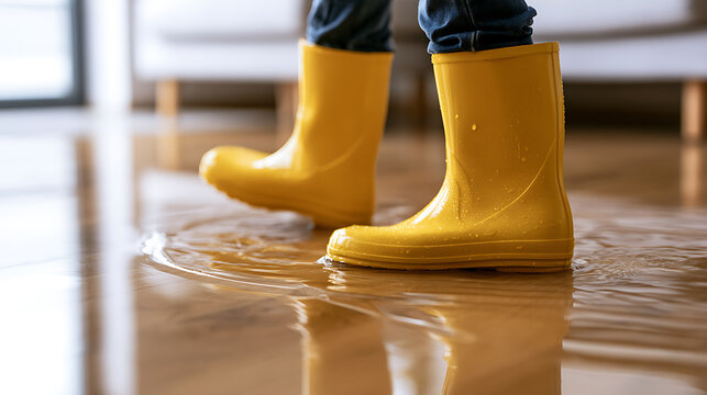 Person wearing bright yellow rubber boots step in water pool on indoor wooden floor, representing home flood disaster and water damage