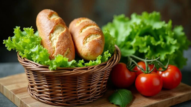 Fresh bread in a wicker basket and vegetables. 