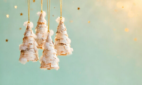 Christmas background with trees in white cotton wadding with gold confetti
