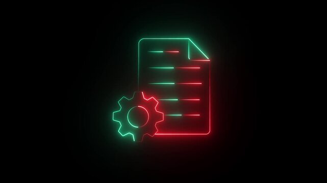 Neon line animated Document settings with gears icon isolated on black background. Software update, transfer protocol, teamwork tool management.