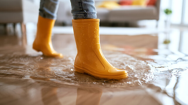 Low section view of person wear bright yellow rubber boot stand indoor home living room floor cover with water leak flood disaster danger crisis