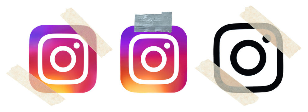 Set of paper Instagram social media icons attached with adhesive tape. Concept of fragile visual platform, algorithm pressure, temporary fixes, content moderation and unstable digital branding