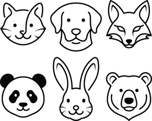 Fototapeta premium Cute minimalist animal faces vector set, line art wildlife and domestic illustrations with cat, dog, fox, panda, rabbit, and bear outline icons