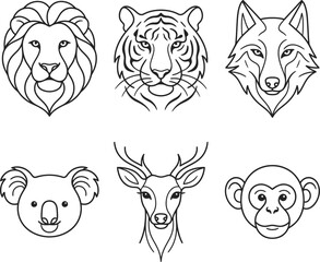 Obraz premium Wild animal faces vector set, minimalist line art wildlife illustrations with lion, tiger, wolf, koala, deer, and monkey outline icons