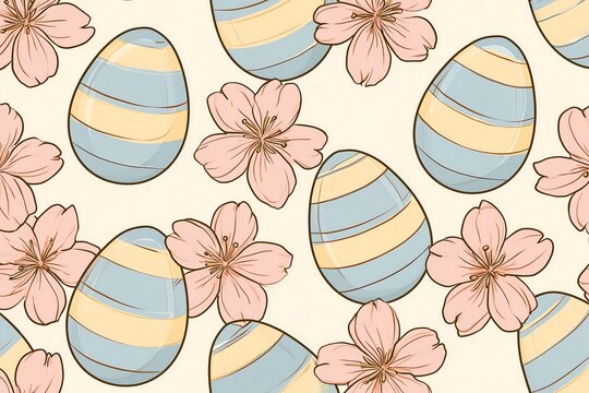 Seamless spring pattern with pastel easter eggs and pink cherry blossoms
