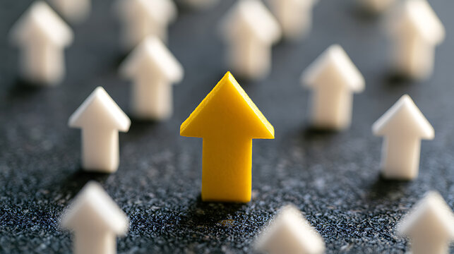 A bright yellow arrow stands out among many white arrows, representing leadership, uniqueness, success, and strategic business direction
