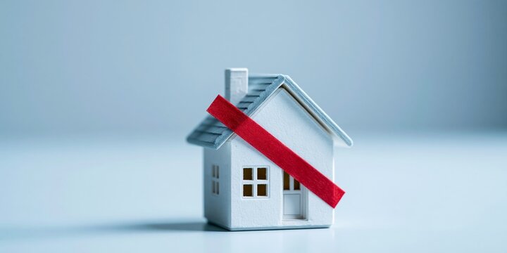 Small house model with red prohibition tape