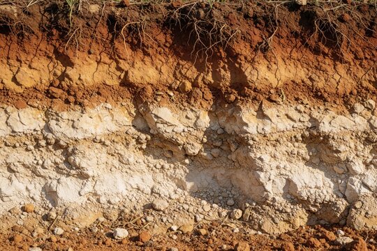 Detailed cross section of Cyprus soil showing geological layers. Earth science study of underground sediment, dirt profiles. Brown organic topsoil over thick white limestone chalk formation. Natural