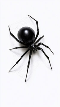 Glossy black spider on delicate web isolated against a clean white background, dramatic macro style arachnid with long legs and large round abdomen