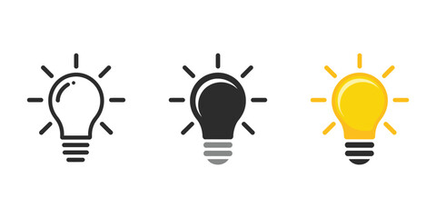 Light bulb with rays shine icon set featuring idea symbols for innovation, creative thinking, solutions, electricity, and inspiration ©   