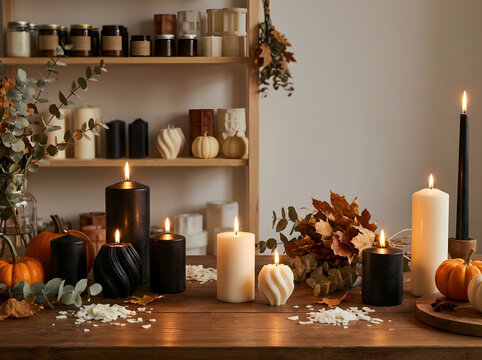A cozy artisan candle studio featuring handmade black and ivory candles surrounded by pumpkins, dried flowers, autumn leaves, and natural decorative elements. Warm candlelight creates an elegant Hallo
