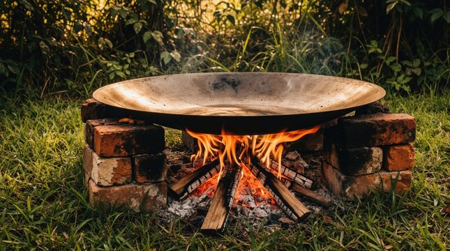 Discada pan heats over open wood fire on brick stand. Outdoor cooking setup with flames and smoke ready for food prep. Grassy area with trees provides natural backdrop.