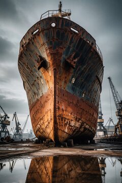 Massive rusted freighter hull rests in a dry dock yard. Cranes loom over old ship structure. Weathered metal surface shows decay near murky water reflection.