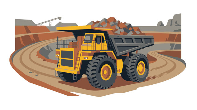 Heavy duty yellow mining dump truck hauling rocks in an open pit quarry. EPS Editable