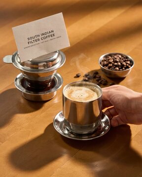Traditional South Indian Filter Coffee Served In Stainless Steel Tumbler
