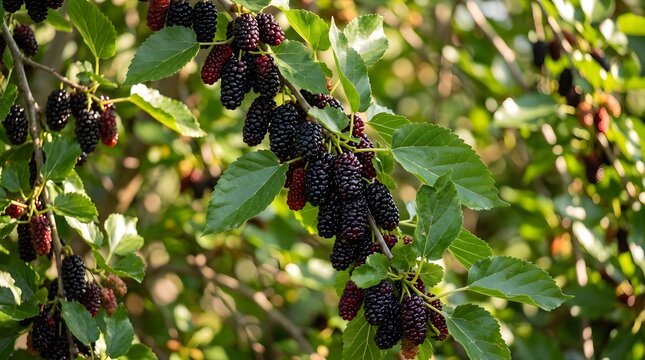 A lush mulberry tree with ripe purple berries and green leaves