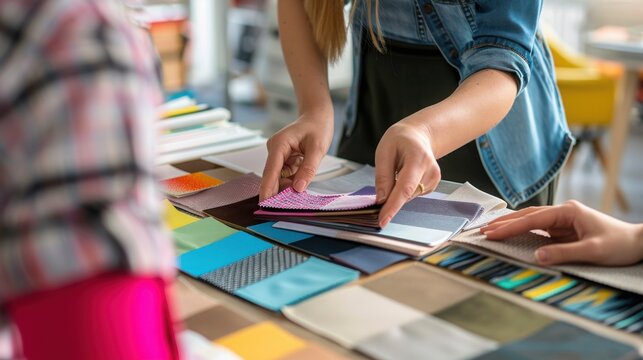 Interior designer choosing fabric samples for a project on a table in a studio with Two individuals examine colorful fabric swatches laid out table during professional design consultation assortment