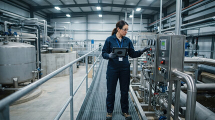 Fototapeta premium Female engineer in factory controls machinery with tablet
