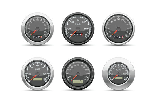 Set of six circular car speedometer gauges with different needles, and digital isolated on a white background, for ui