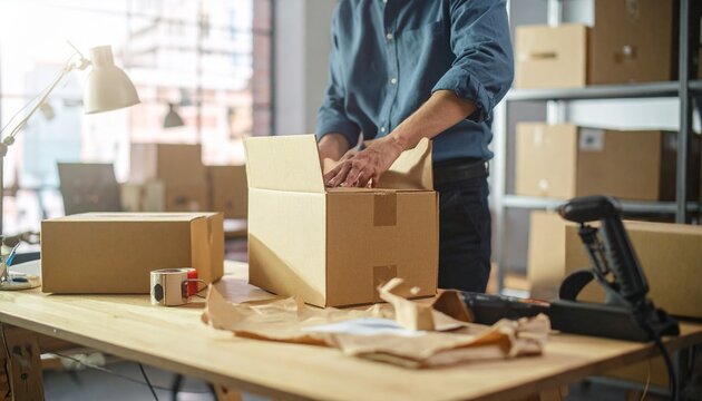A worker packing cardboard boxes for shipping in a warehouse or fulfillment center