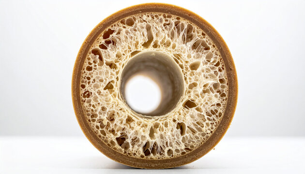 A Cut Above: A close-up view of a Baumkuchen cake revealing its intricate layers and porous texture, a sweet masterpiece for any occasion.