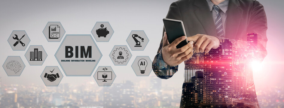 Business professional using digital tablet in urban environment with BIM icons illustrating building information modeling concept and advanced technology integration. Glyphic.