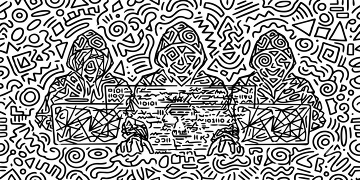 Cybersecurity hackers working on laptops surrounded by abstract doodle patterns with cyber security hooded figures laptop computer coding background doodle art black and white cyber crime