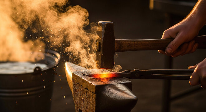 Blacksmith Hammering Hot Metal on Anvil with Sparks