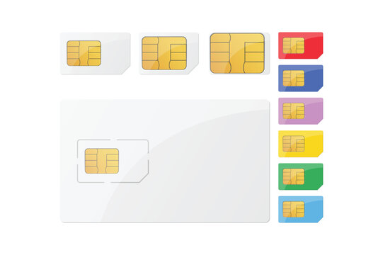 Set of various mobile phone sim cards in different sizes and colors, including standard, micro, and nano formats on a white background