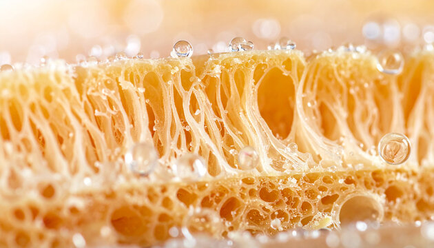 Macro view of textured bread crust with water droplets, highlighting the porous structure and golden hue under soft light.