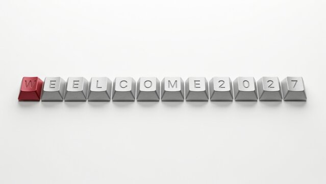 Welcome 2027 message on computer keyboard keys, new year celebration concept, minimalist white background with red accent key