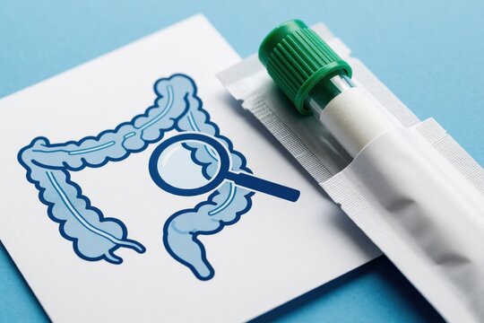 Colon illustration with magnifying glass and specimen collection tube. Medical check for rectal cancer prevention. Home test kit for lab analysis.