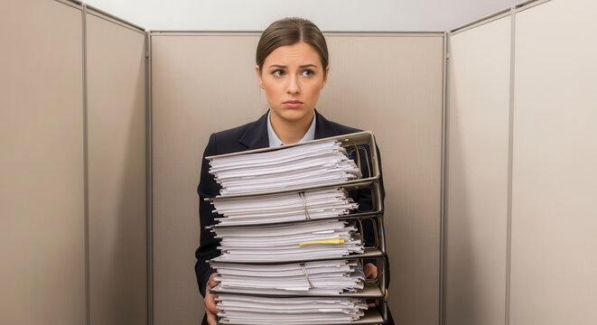 A determined professional woman in a business suit stands behind a partition wall holding multiple overflowing file folders filled with paperwork, conveying a sense of overwhelming workload.