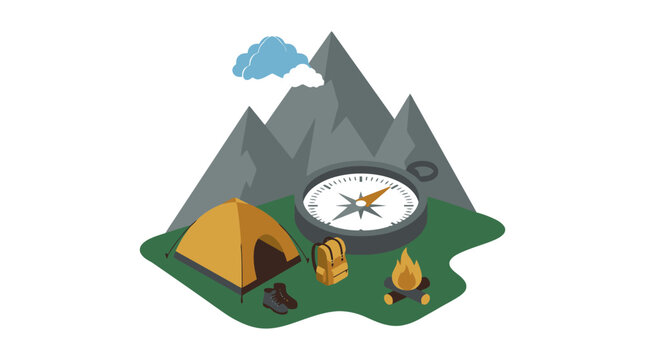 Isometric camping scene with tent mountains compass and campfire illustration. EPS Editable