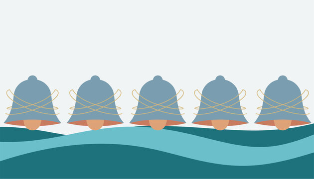 Row of five cartoon alarm bell hats swaying over ocean waves against a clean light grey background.