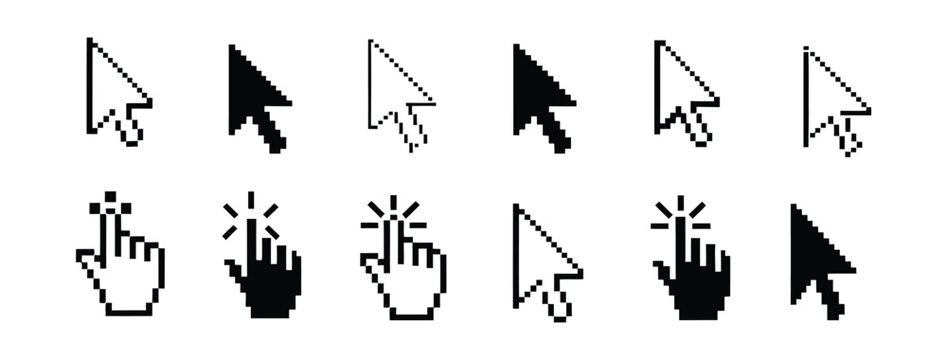 Mouse click cursor icon set featuring arrow pointers and computer mouse symbols for navigation, selection, interaction, and interface design