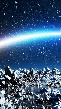 Abstract Alien Planet Landscape With Glowing Light Beam and Floating Particles in Deep Space