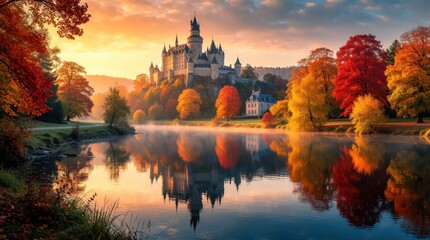 Naklejka premium Majestic medieval castle sits on hill above calm river at autumn sunrise. Colorful fall trees with red, orange foliage reflect in water. Scenic landscape shows historic architecture, peaceful nature