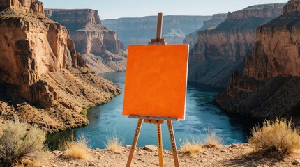 Obraz premium Blank orange canvas on easel at Grand Canyon. River flows through rocky gorge. Majestic landscape invites artistic creation and inspiration.