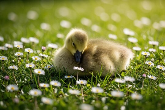 Small yellow gosling slepic in green grass with white daisies. Tiny baby bird rests among spring flowers in meadow. Cute waterfowl chick naps outdoors in sunny garden. Peaceful wildlife scene shows